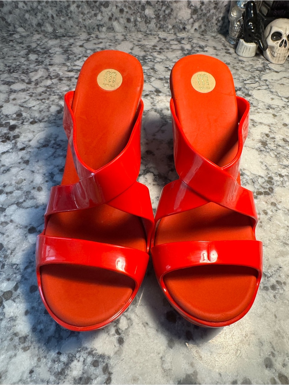 Melissa Red PVC Strappy Wedge Sandals with Striped Platform - Picture 3 of 9